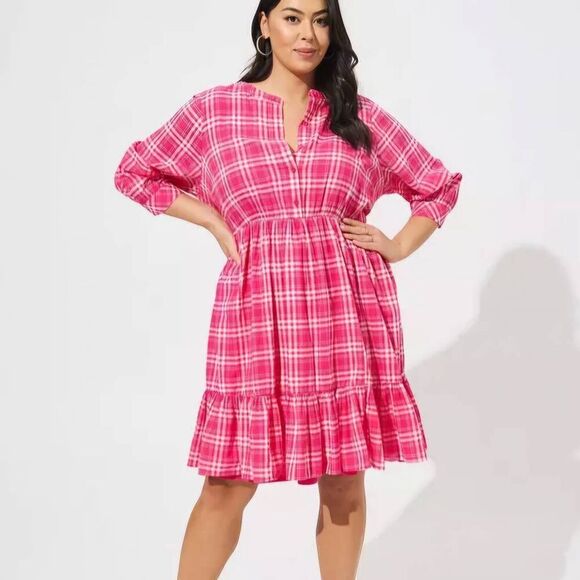 Torrid Womens Plaid Knee Length Dress 4X Pink Tiered Cottagecore 3/4 Sleeve NWT - Picture 1 of 11